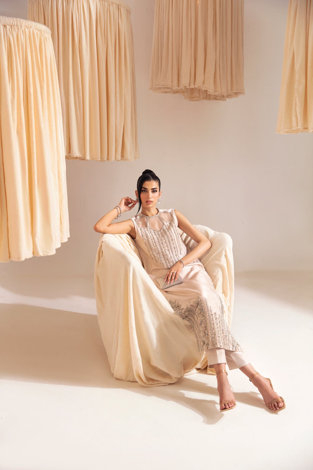 Pakistani Nude Embellished Raw Silk Salwar Kameez (2-Piece) - Image 2