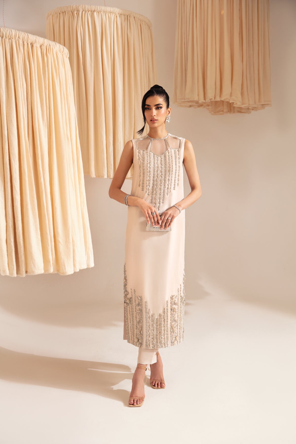 Pakistani Nude Embellished Raw Silk Salwar Kameez (2-Piece) - Image 3