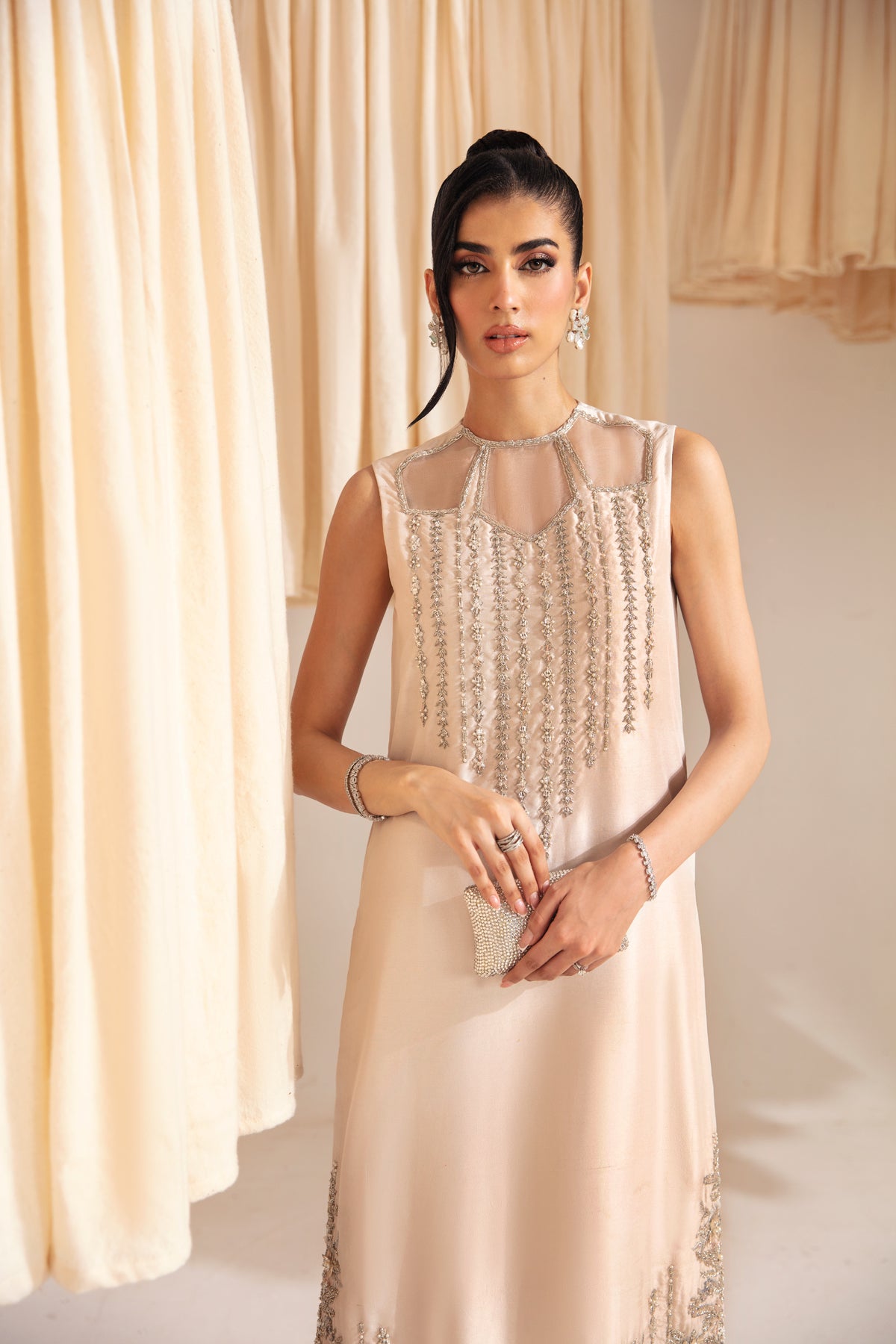 Pakistani Nude Embellished Raw Silk Salwar Kameez (2-Piece) - Image 4