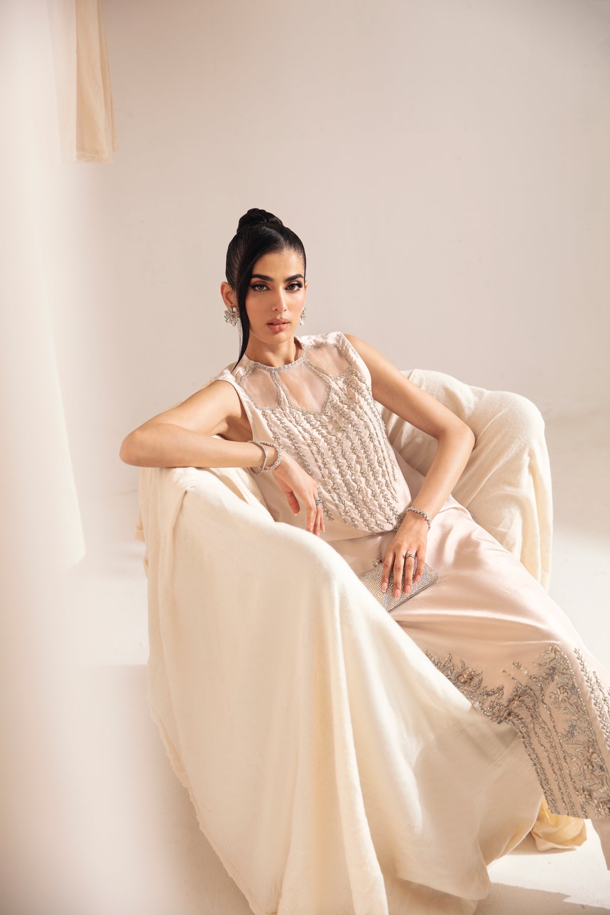 Pakistani Nude Embellished Raw Silk Salwar Kameez (2-Piece) - Image 5