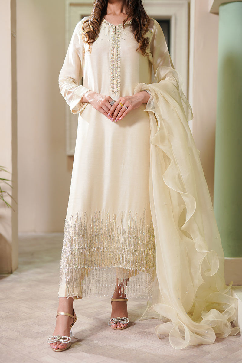 Pakistani Ivory Swarovski Embellished Korean Raw Silk Long Shirt (3-Piece) - Image 1