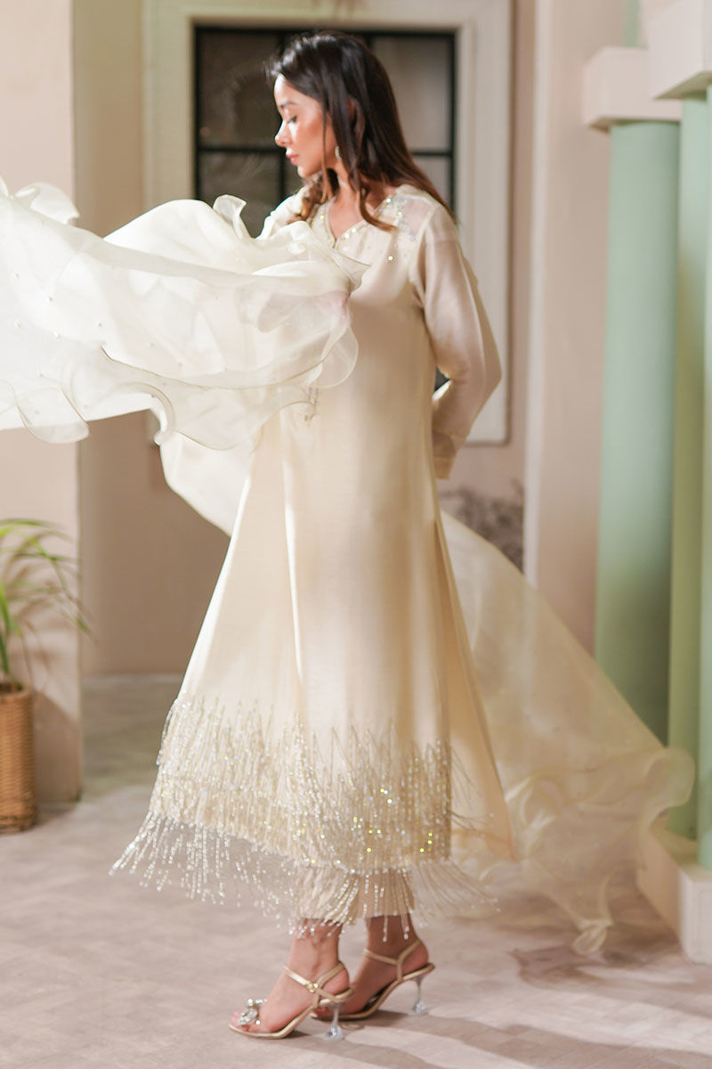 Pakistani Ivory Swarovski Embellished Korean Raw Silk Long Shirt (3-Piece) - Image 2