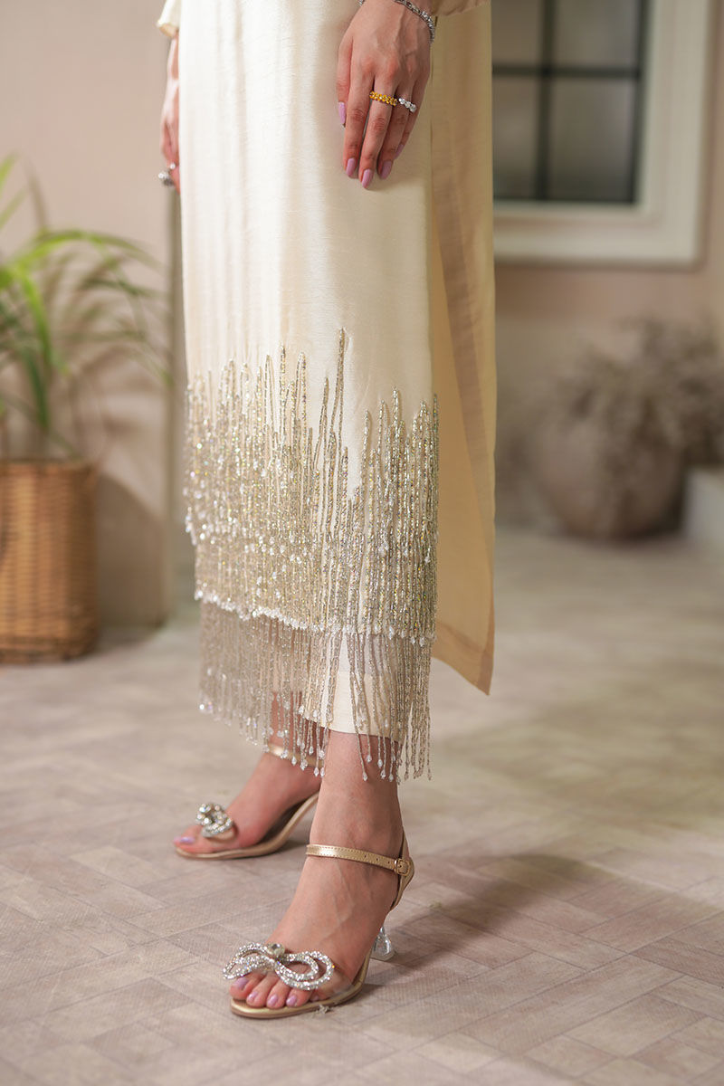 Pakistani Ivory Swarovski Embellished Korean Raw Silk Long Shirt (3-Piece) - Image 5