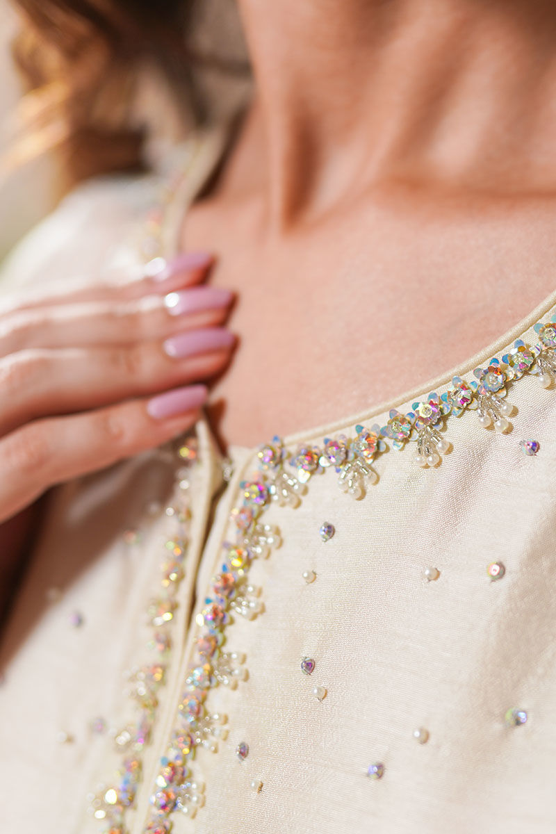Pakistani Ivory Swarovski Embellished Korean Raw Silk Long Shirt (3-Piece) - Image 6