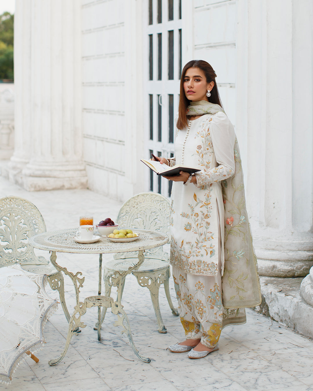 Ivory Embroidered Korean Raw Silk Shalwar Kameez (3-Piece) - Image 1