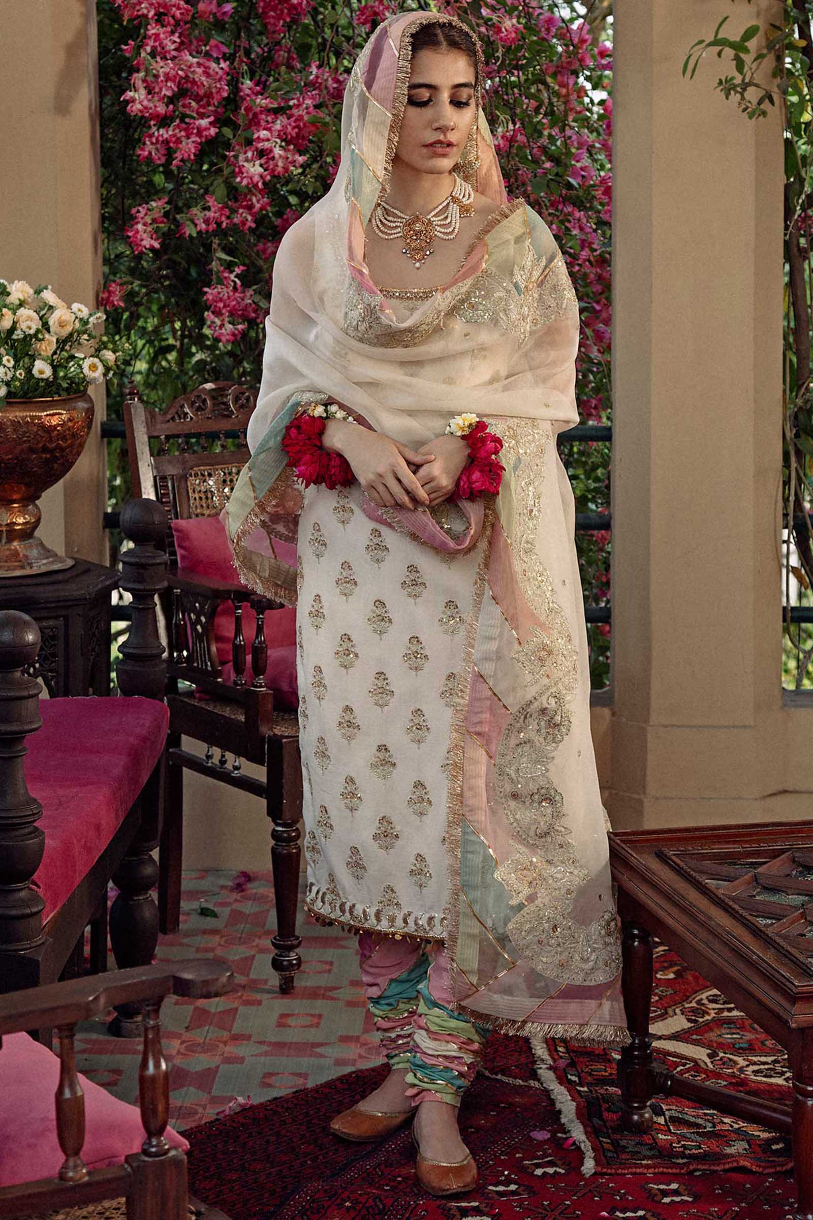 Pakistani Ivory Embroidered Raw Silk Churidar Set (3-Piece) - Image 1