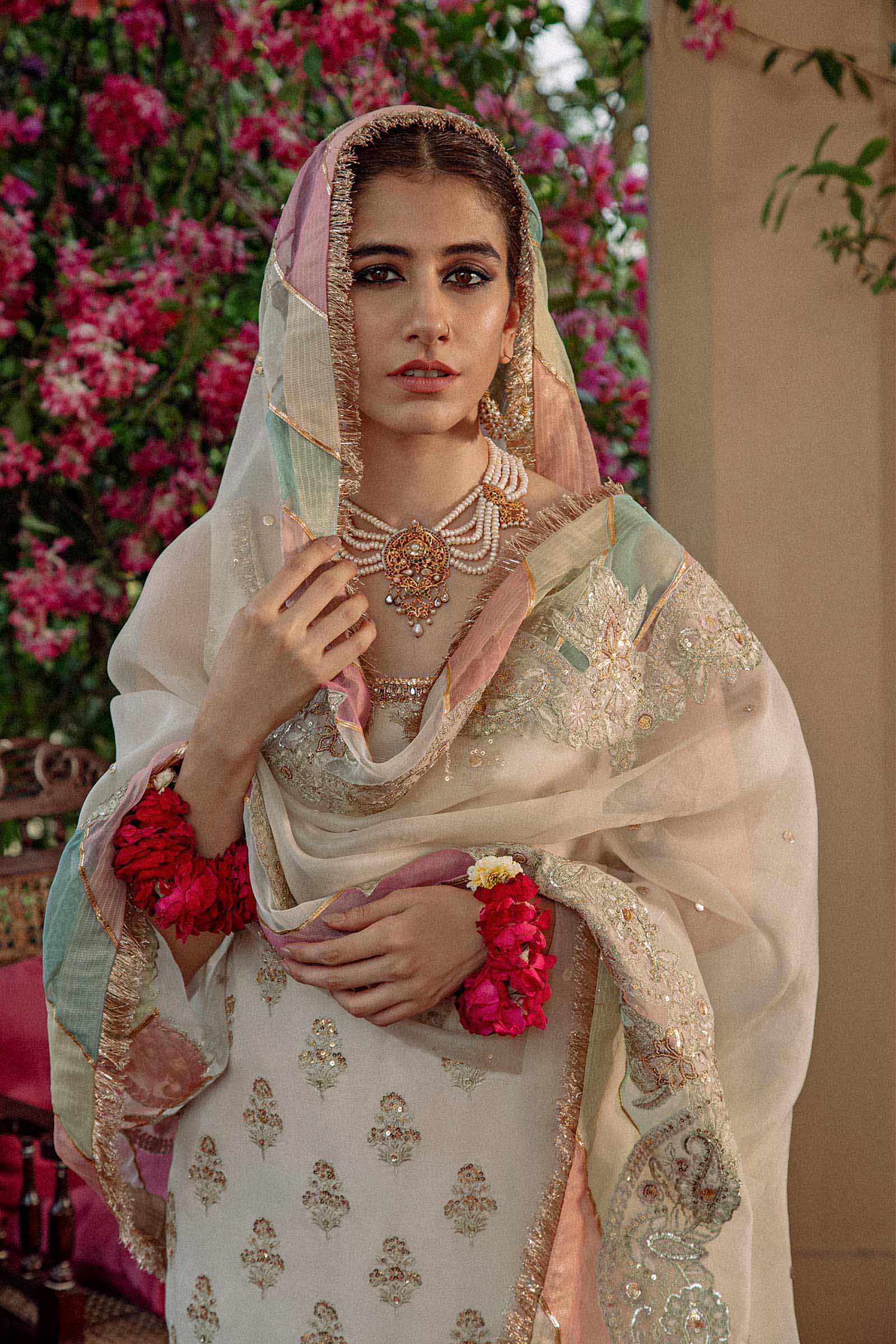 Pakistani Ivory Embroidered Raw Silk Churidar Set (3-Piece) - Image 2