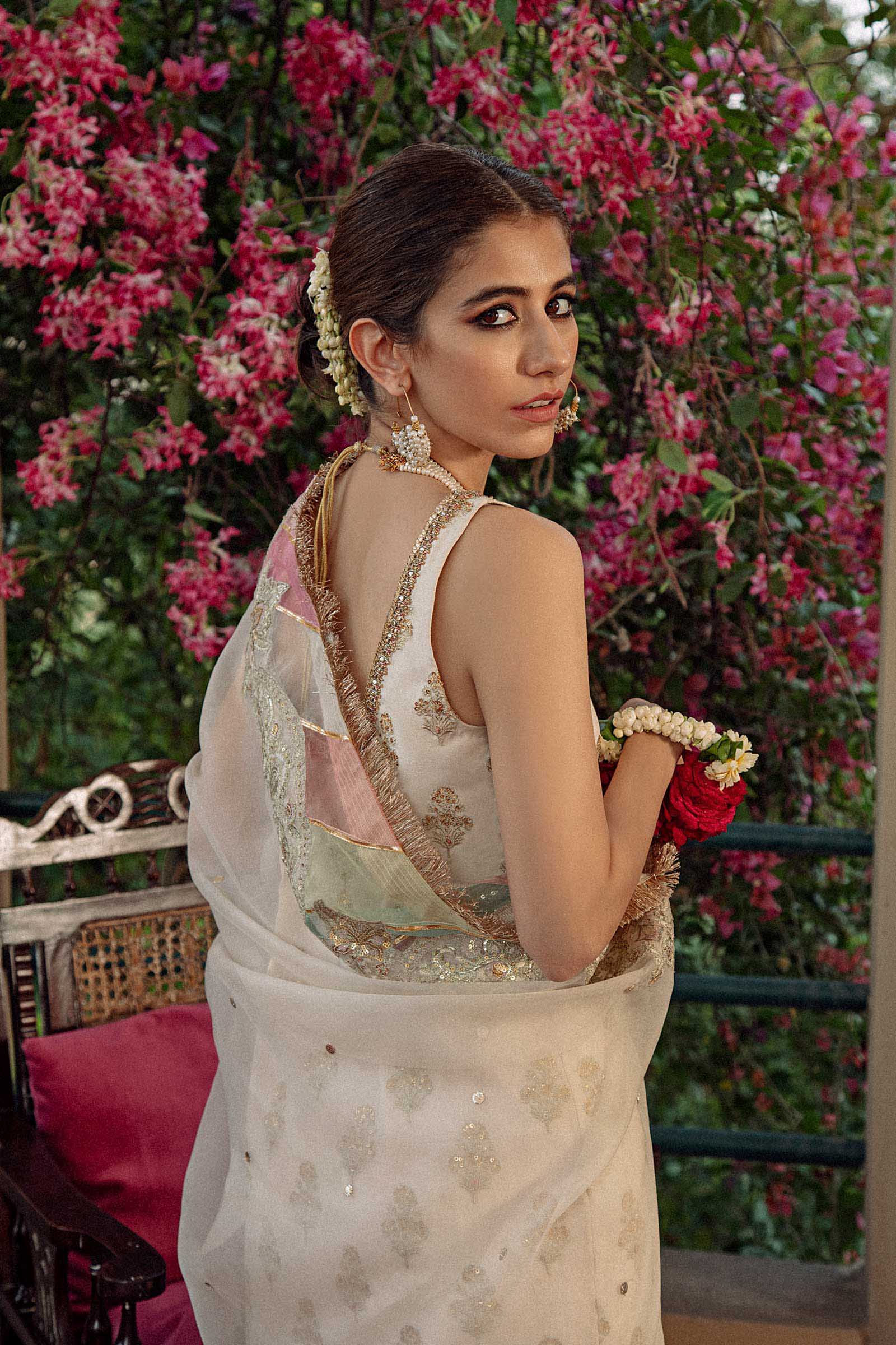 Pakistani Ivory Embroidered Raw Silk Churidar Set (3-Piece) - Image 4