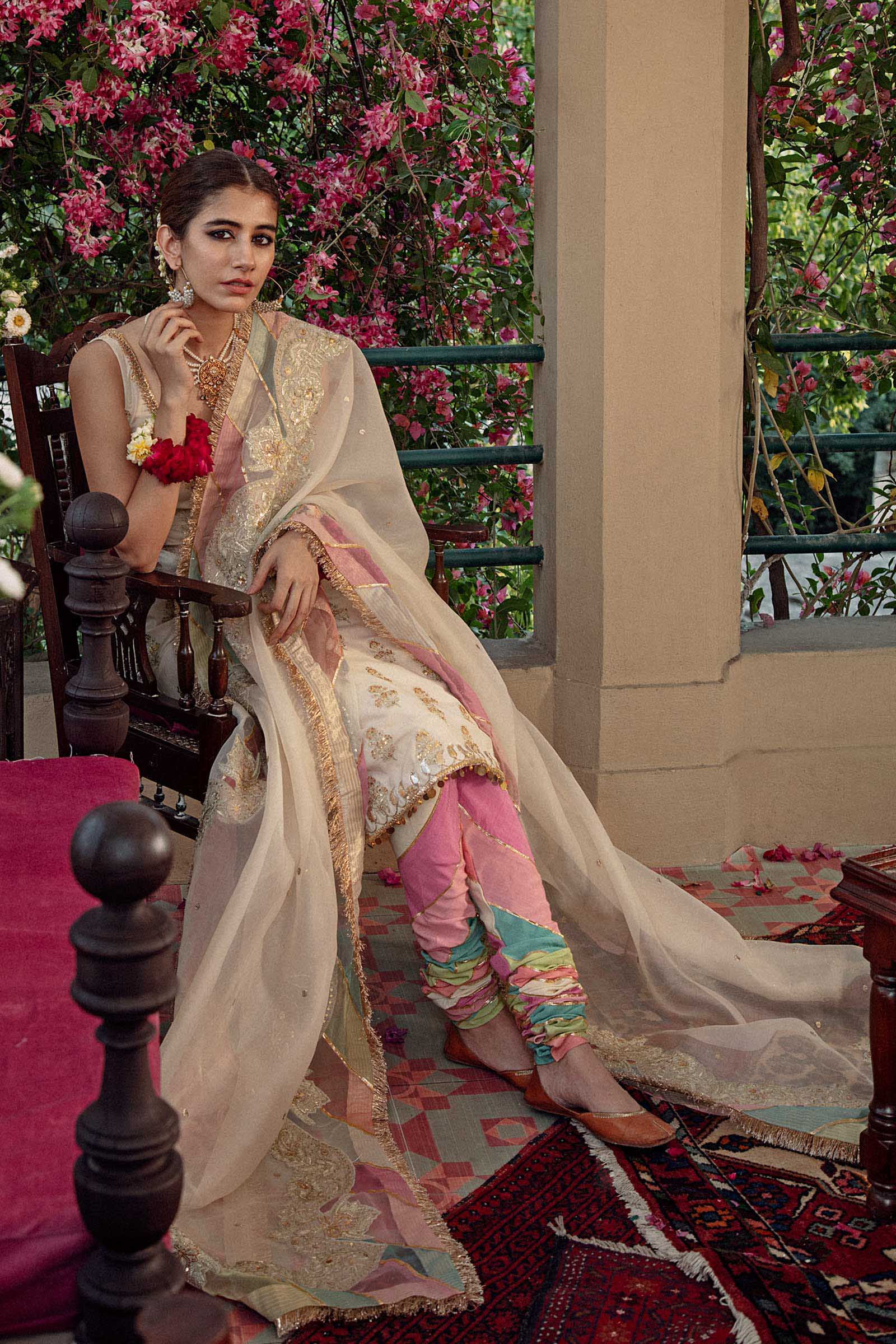 Pakistani Ivory Embroidered Raw Silk Churidar Set (3-Piece) - Image 5