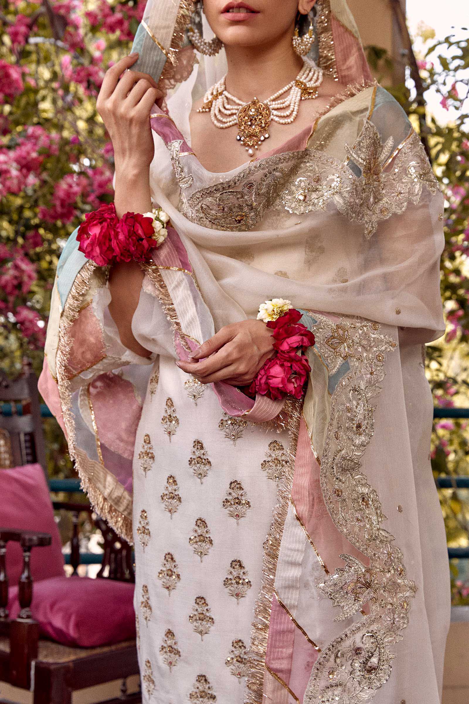 Pakistani Ivory Embroidered Raw Silk Churidar Set (3-Piece) - Image 6