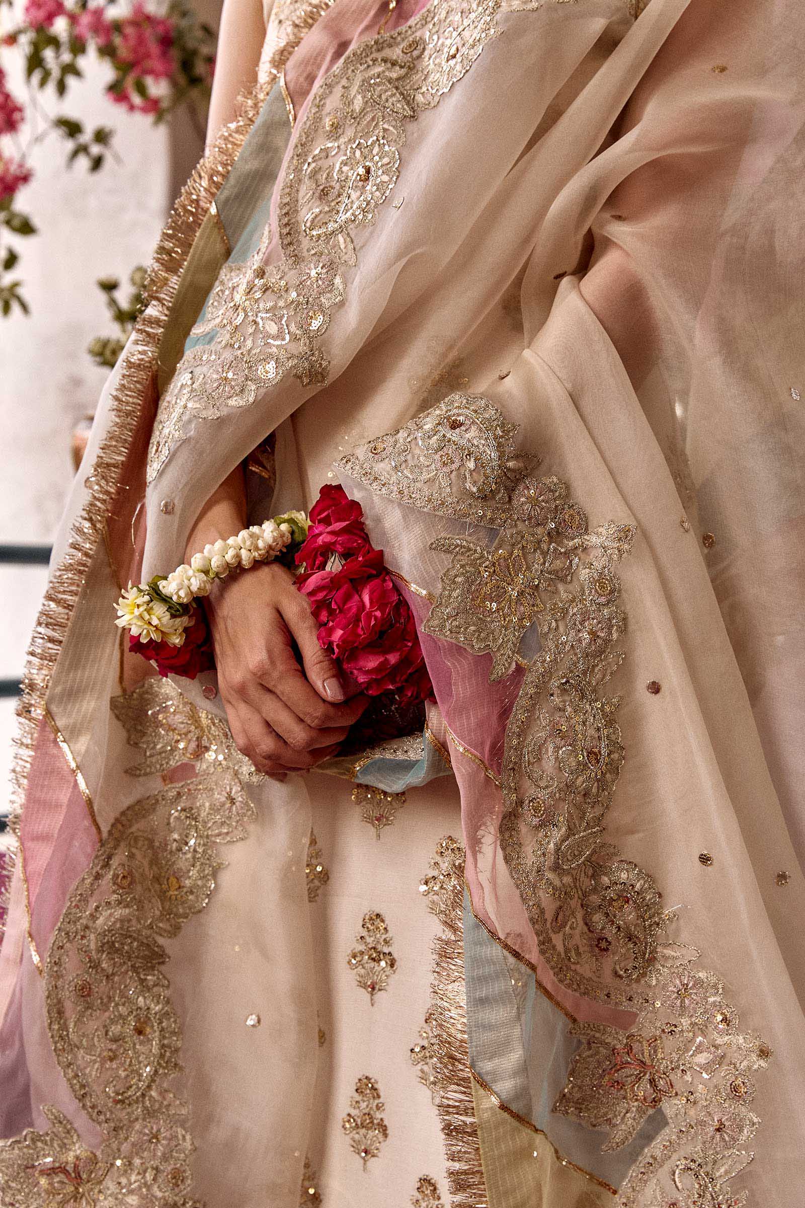 Pakistani Ivory Embroidered Raw Silk Churidar Set (3-Piece) - Image 8