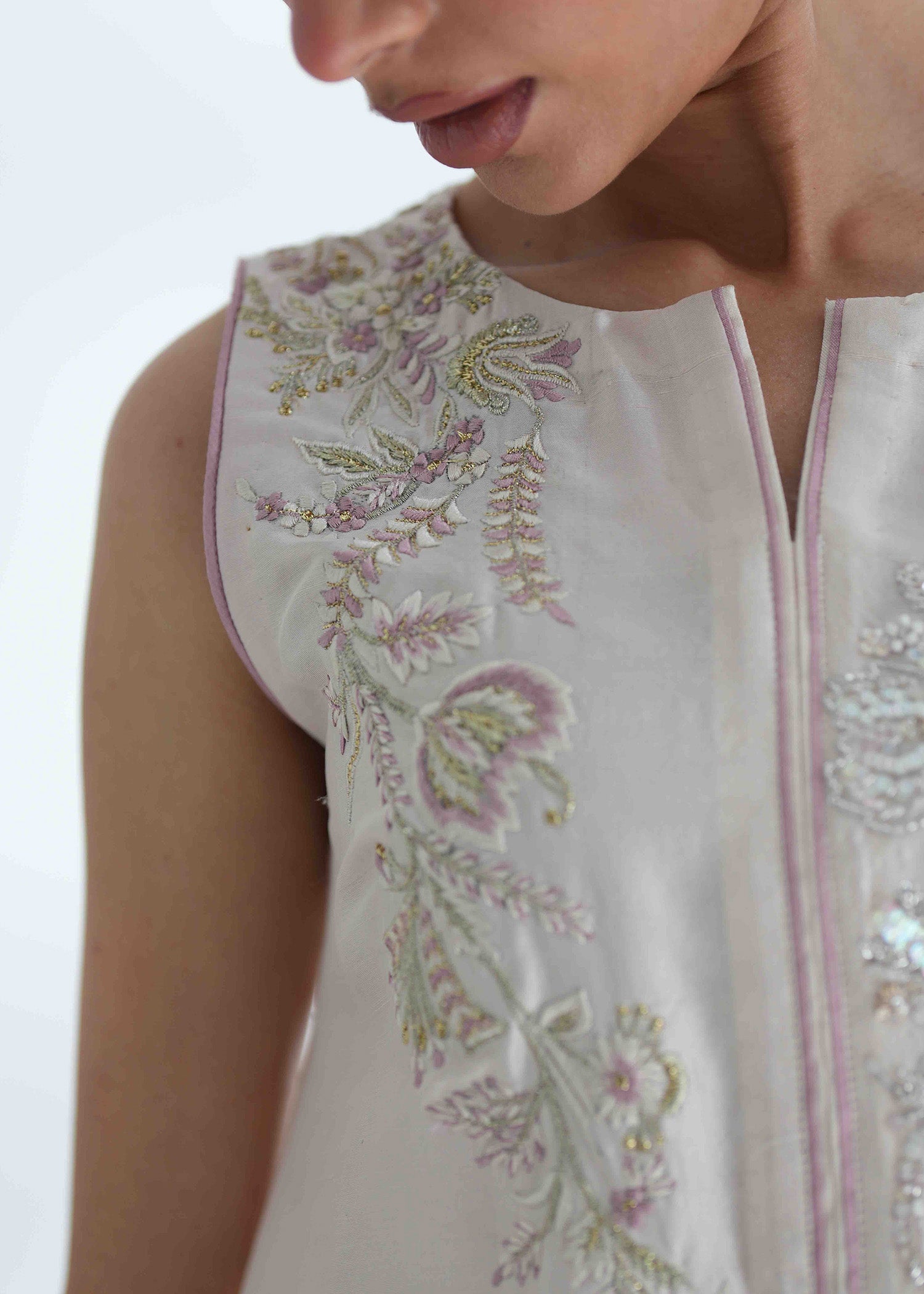 Pakistani Ivory Embroidered Raw Silk Salwar Kameez (3-Piece) - Image 12