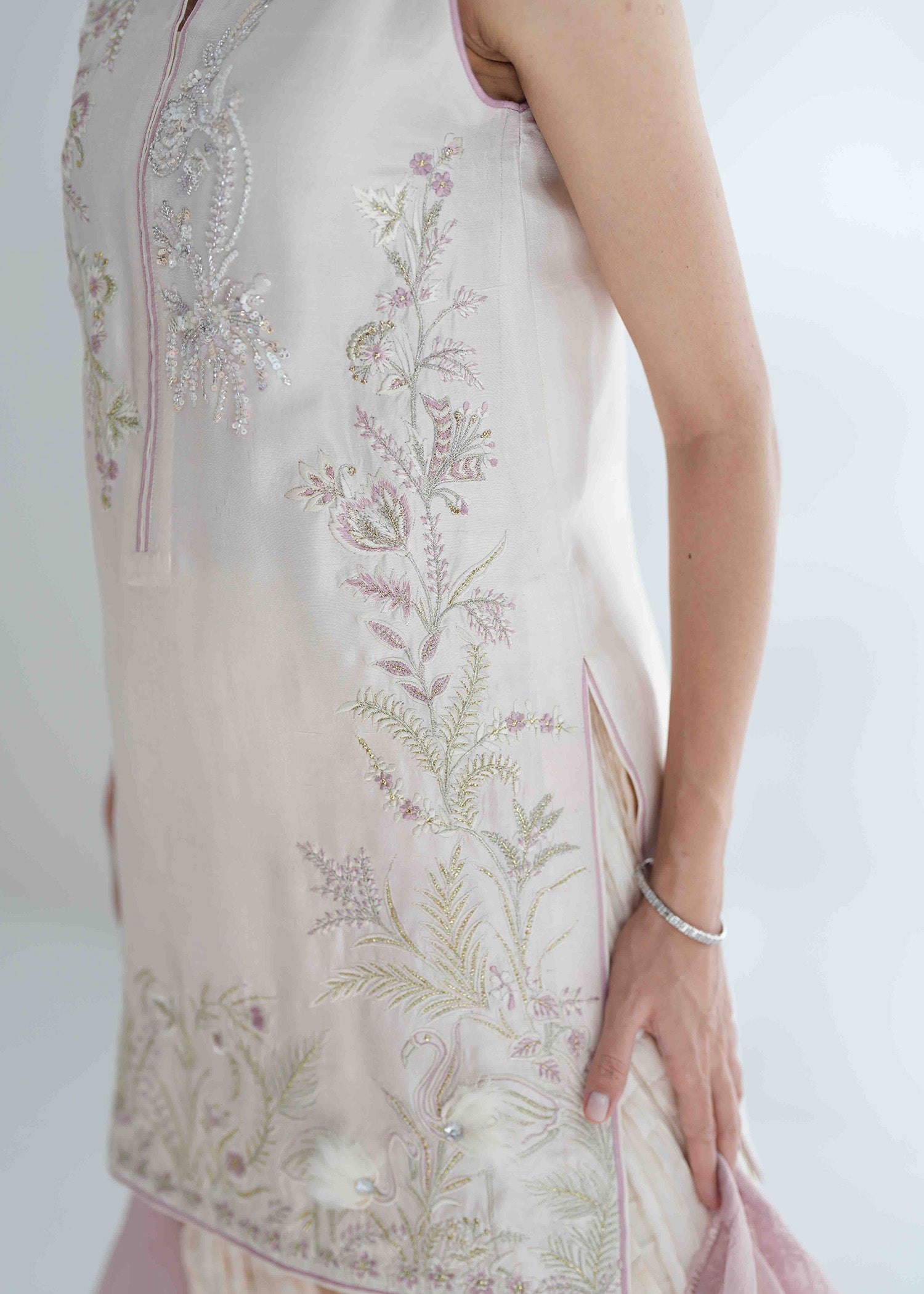 Pakistani Ivory Embroidered Raw Silk Salwar Kameez (3-Piece) - Image 13