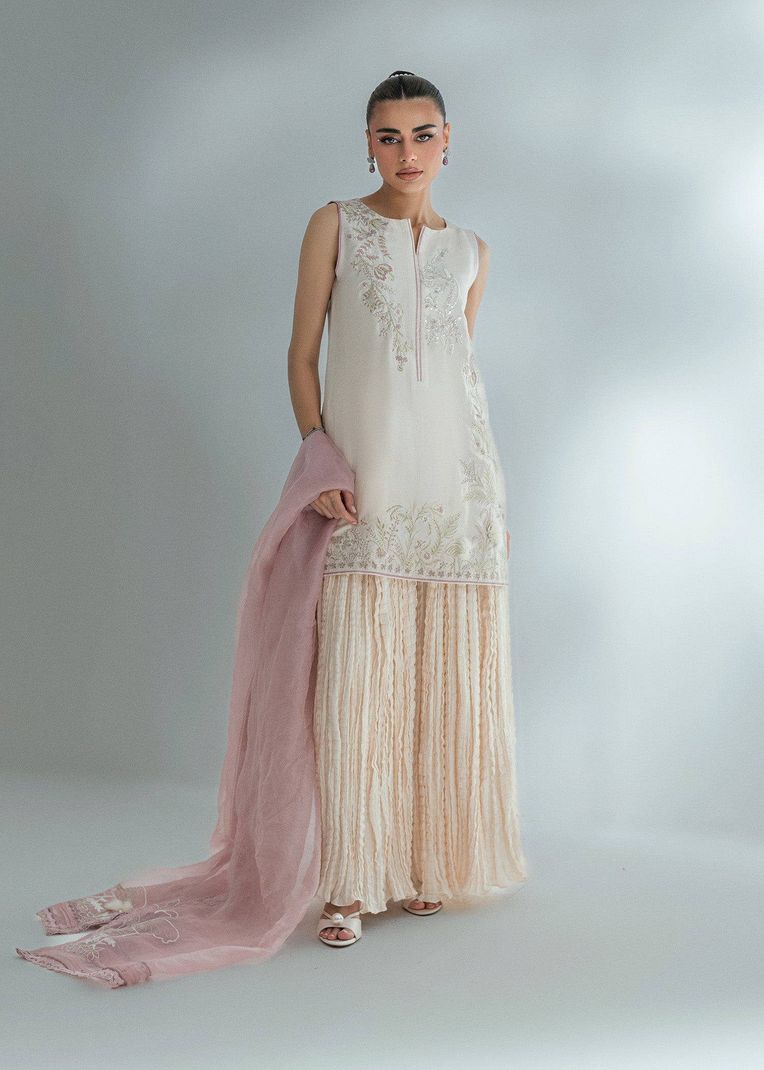 Pakistani Ivory Embroidered Raw Silk Salwar Kameez (3-Piece) - Image 2