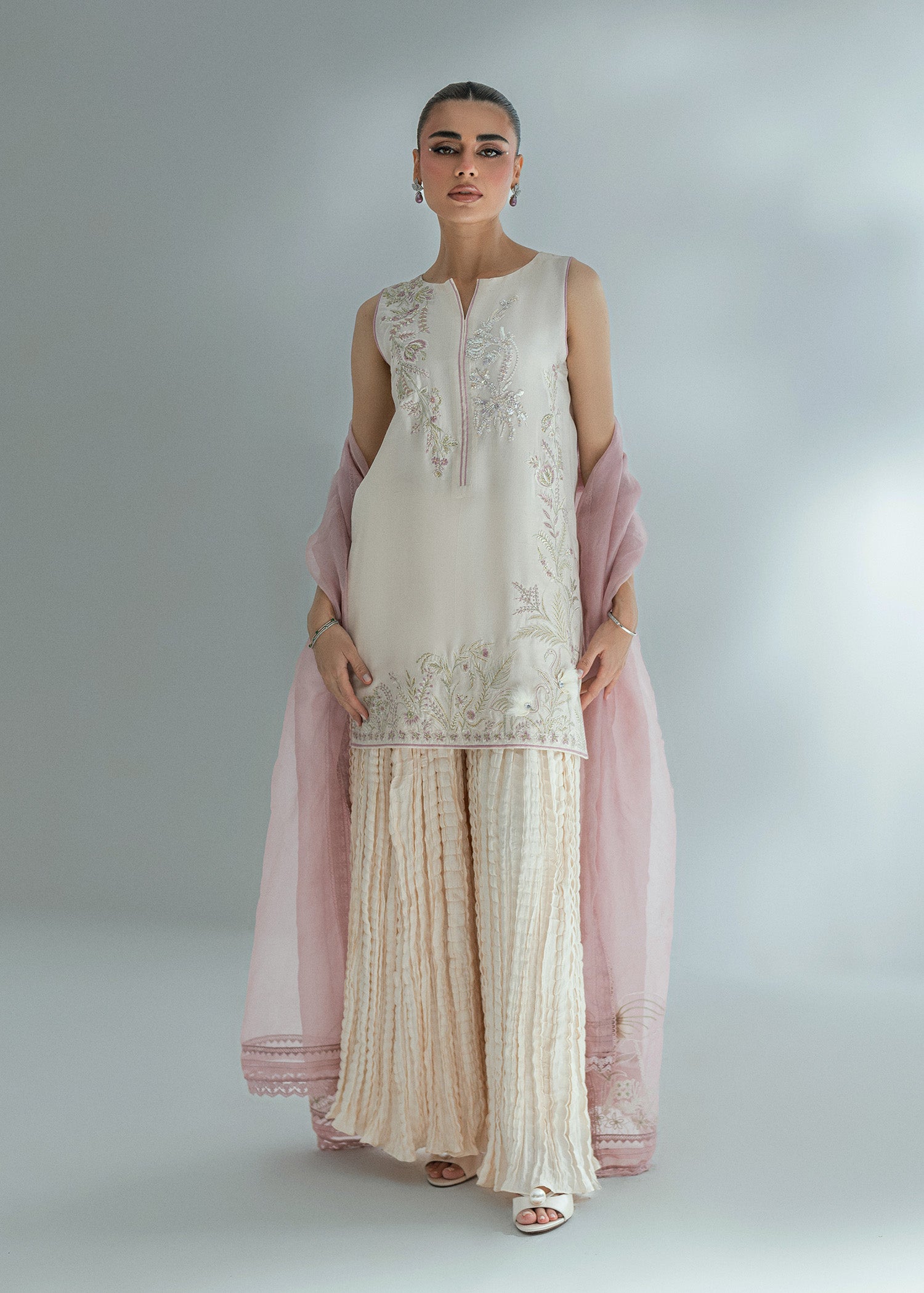 Pakistani Ivory Embroidered Raw Silk Salwar Kameez (3-Piece) - Image 3