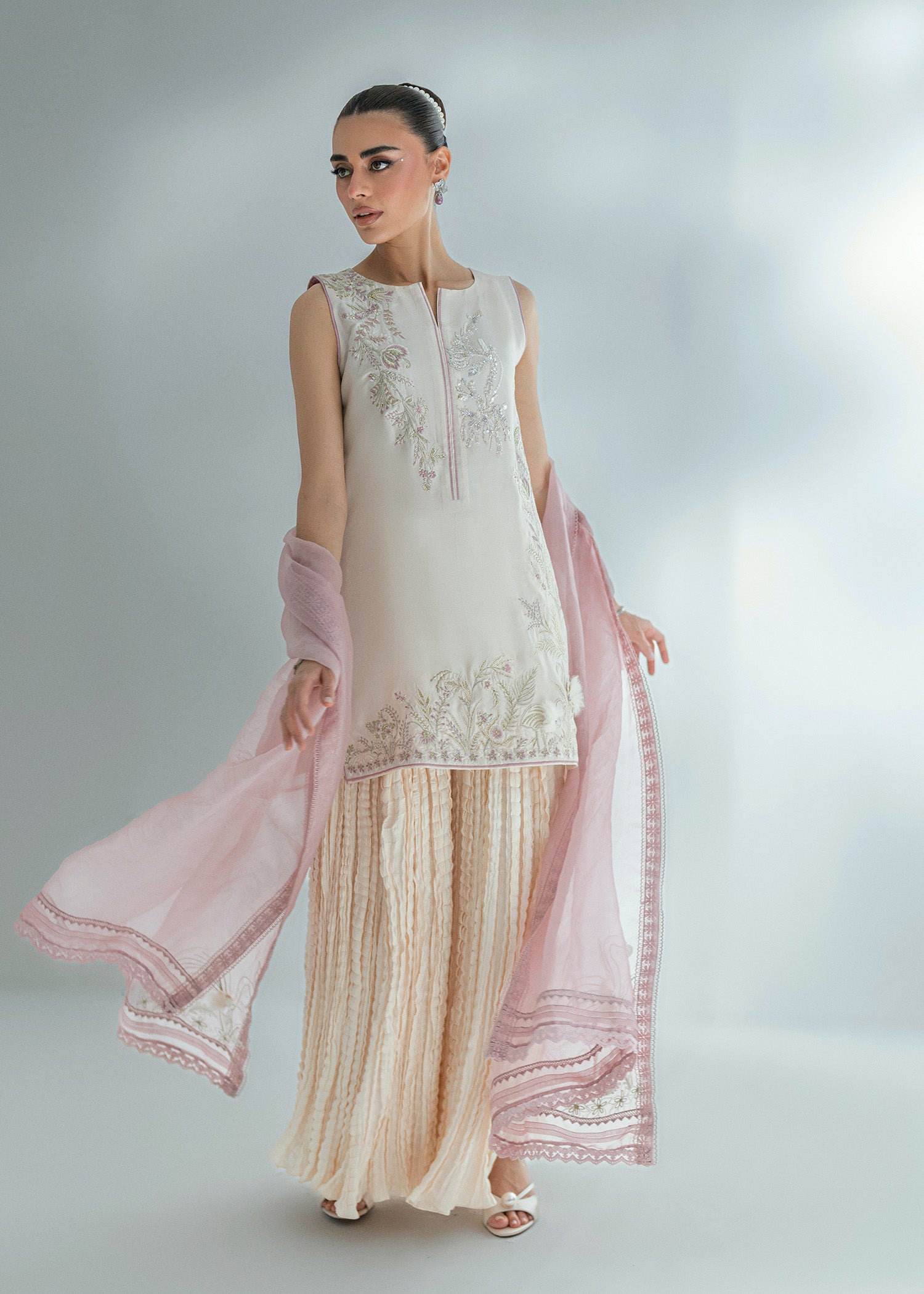 Pakistani Ivory Embroidered Raw Silk Salwar Kameez (3-Piece) - Image 5