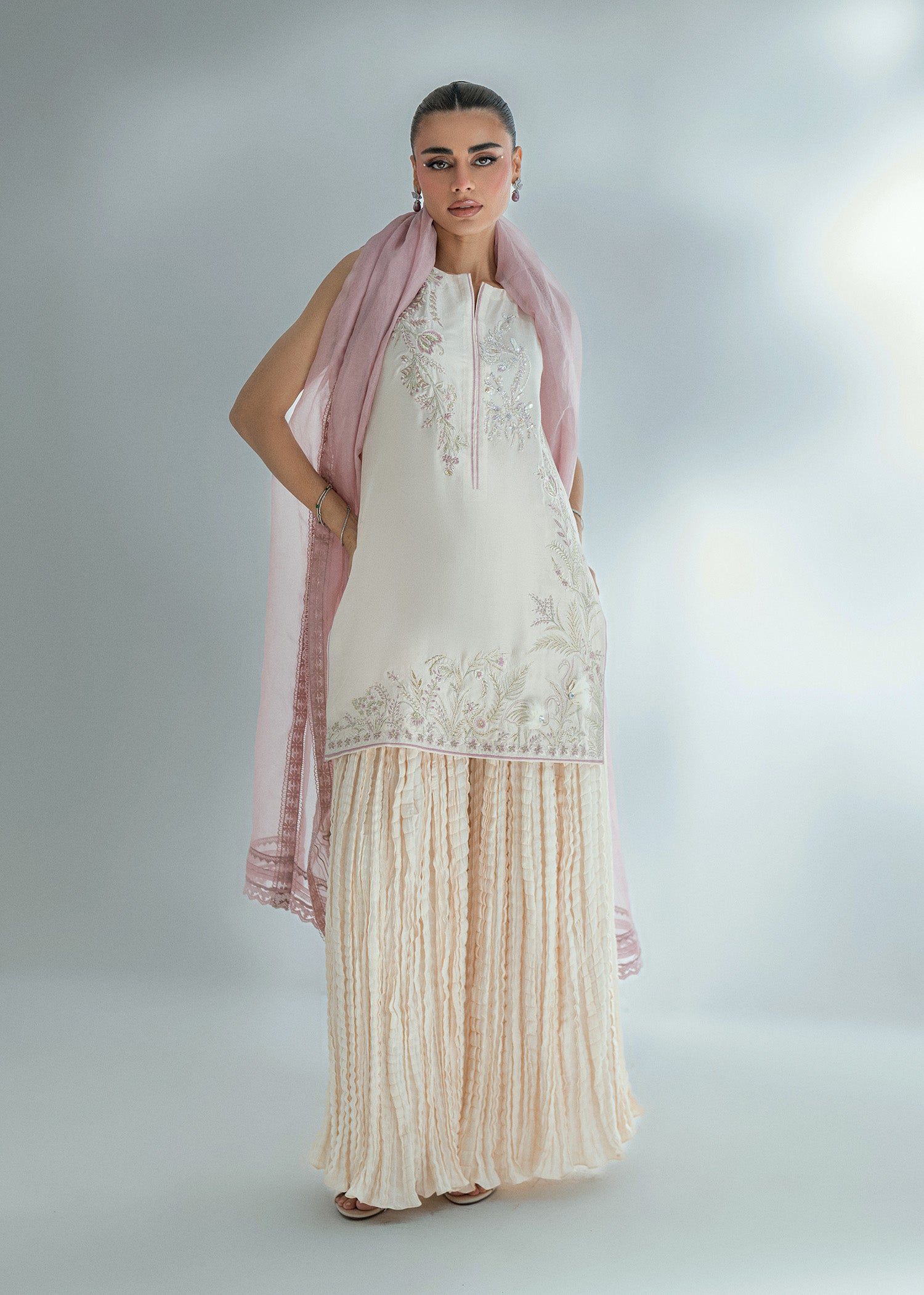 Pakistani Ivory Embroidered Raw Silk Salwar Kameez (3-Piece) - Image 7