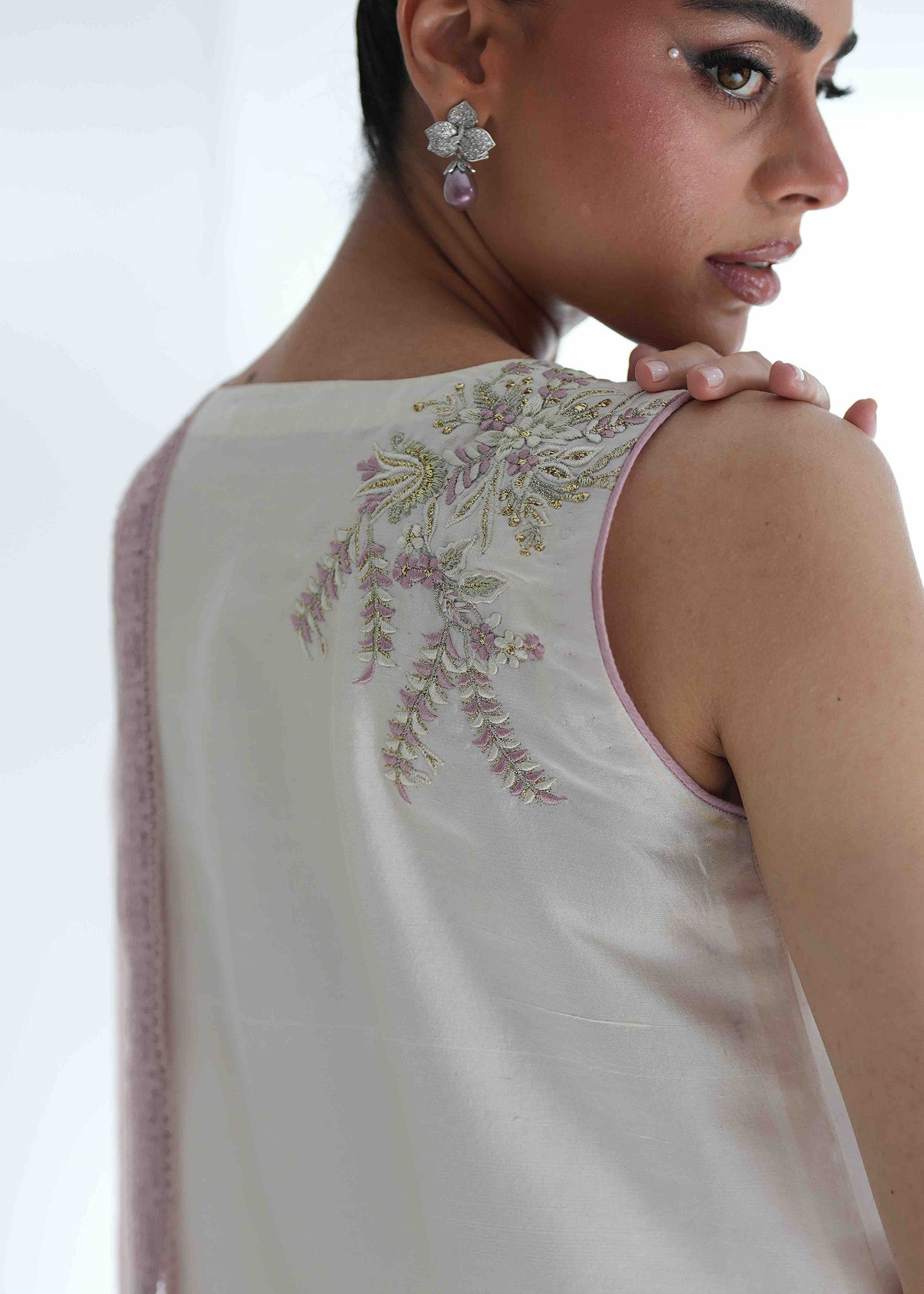 Pakistani Ivory Embroidered Raw Silk Salwar Kameez (3-Piece) - Image 9