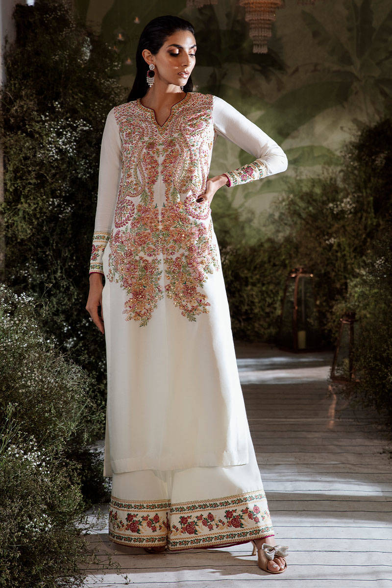 Pakistani Ivory Embroidered Pure Raw Silk Salwar Kameez (3-Piece) - Image 1