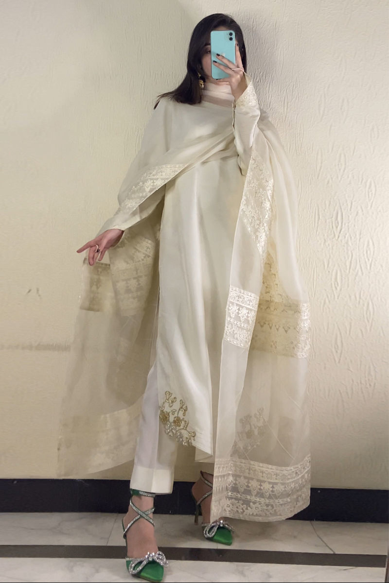 Ivory Tilla & Sequin Raw Silk Salwar Kameez (3-Piece) - Image 1
