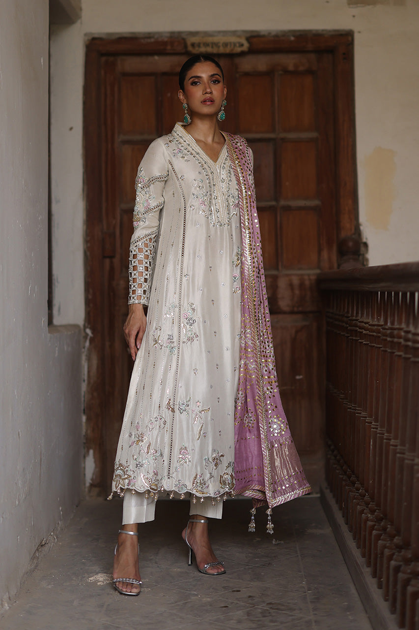 Pakistani Ivory Zardozi Resham Raw Silk Salwar Kameez (3-Piece) - Image 1