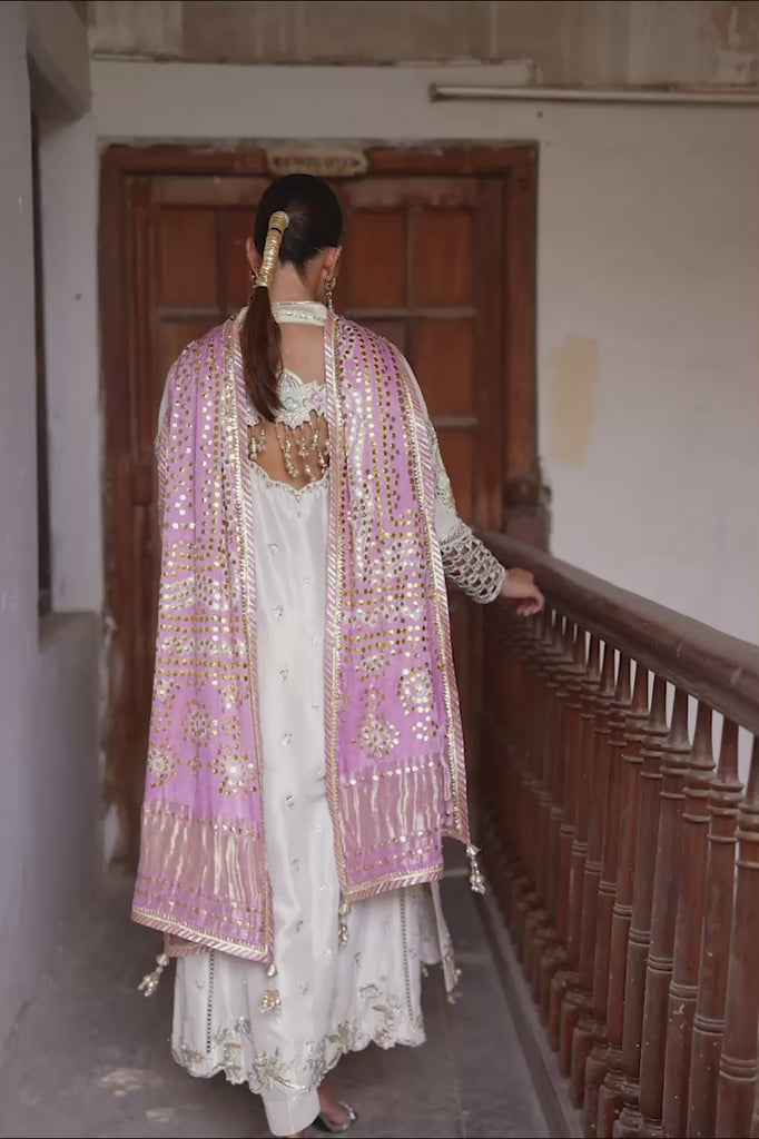 Pakistani Ivory Zardozi Resham Raw Silk Salwar Kameez (3-Piece) - Image 2