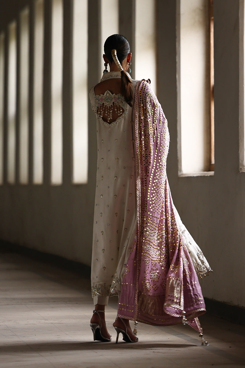 Pakistani Ivory Zardozi Resham Raw Silk Salwar Kameez (3-Piece) - Image 4