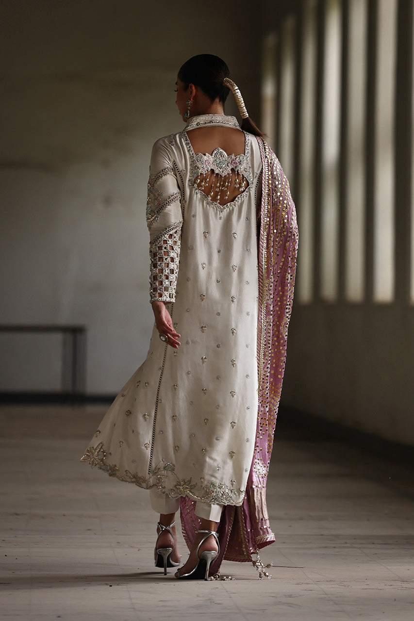 Pakistani Ivory Zardozi Resham Raw Silk Salwar Kameez (3-Piece) - Image 7