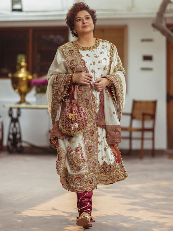 Pakistani Ivory Gold Zardozi Raw Silk Kurta Set (3-Piece) - Image 1