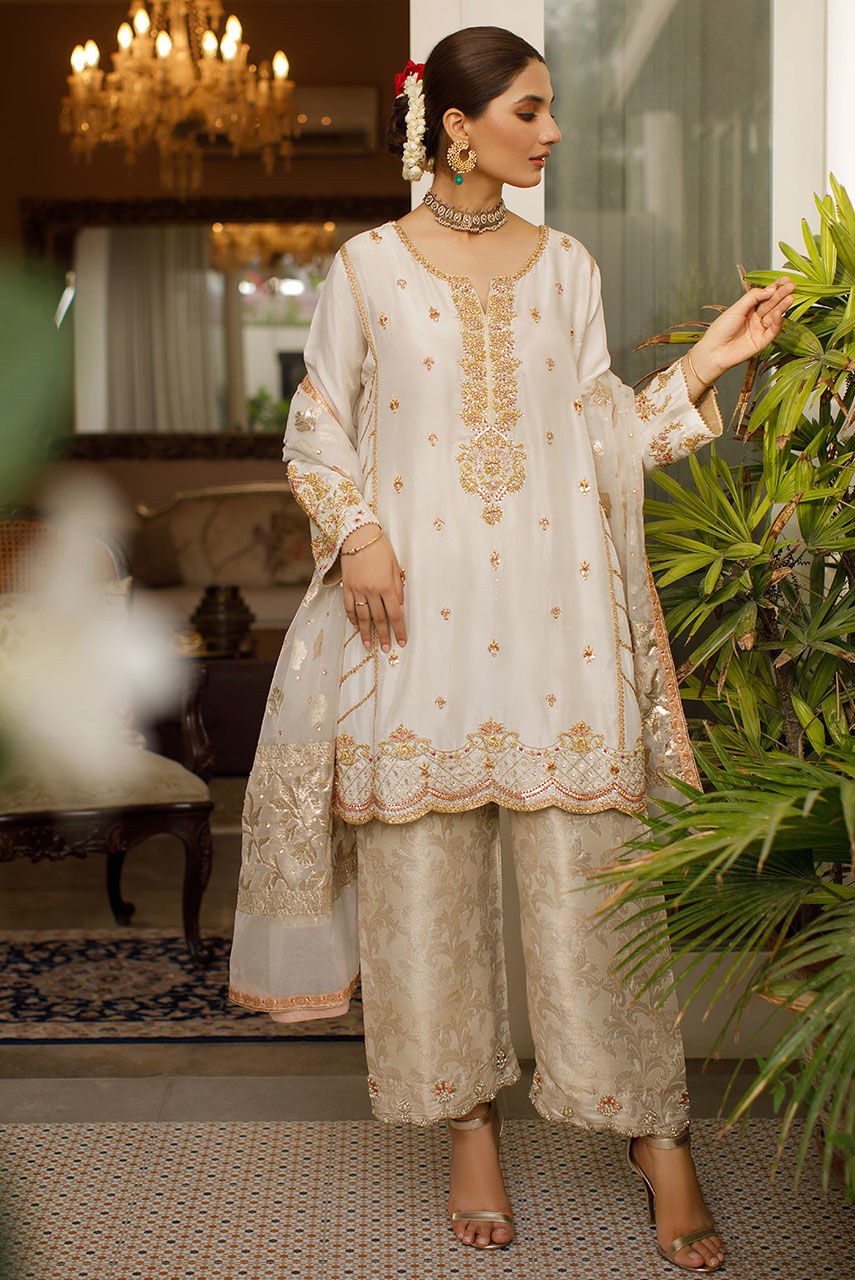 Pakistani Ivory Zardozi Raw Silk Salwar Kameez (3-Piece) - Image 1