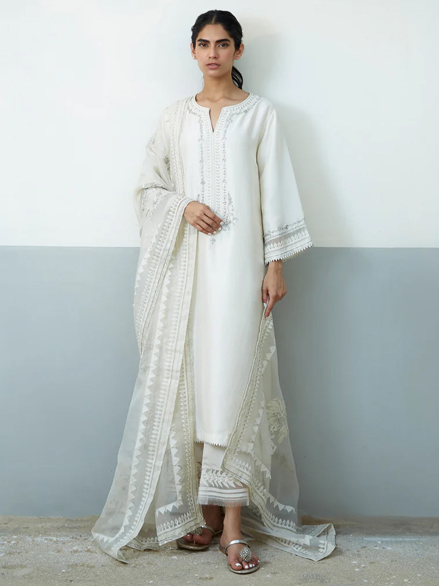 Ivory Zardozi Raw Silk Salwar Kameez (3-Piece) - Image 1