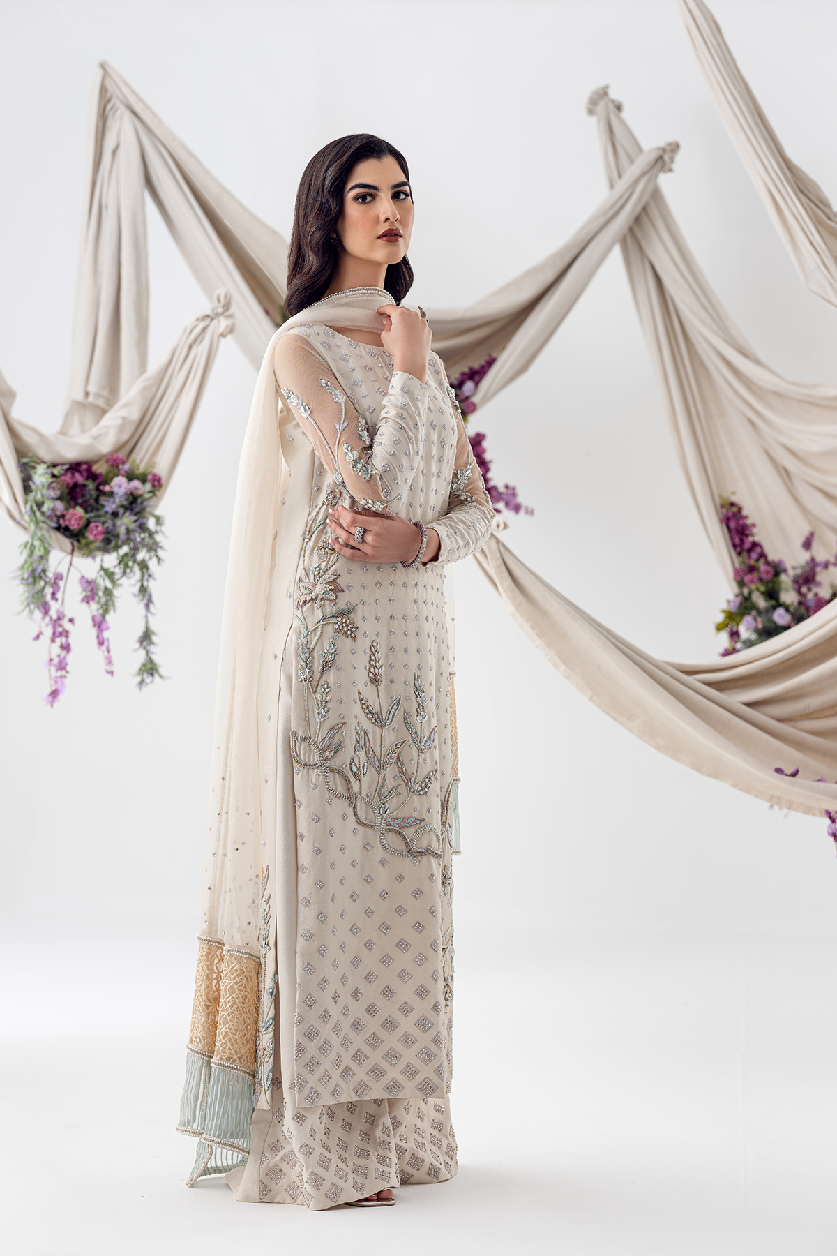 Pakistani Ivory Embroidered Raw Silk Salwar Kameez (3-Piece) - Image 4