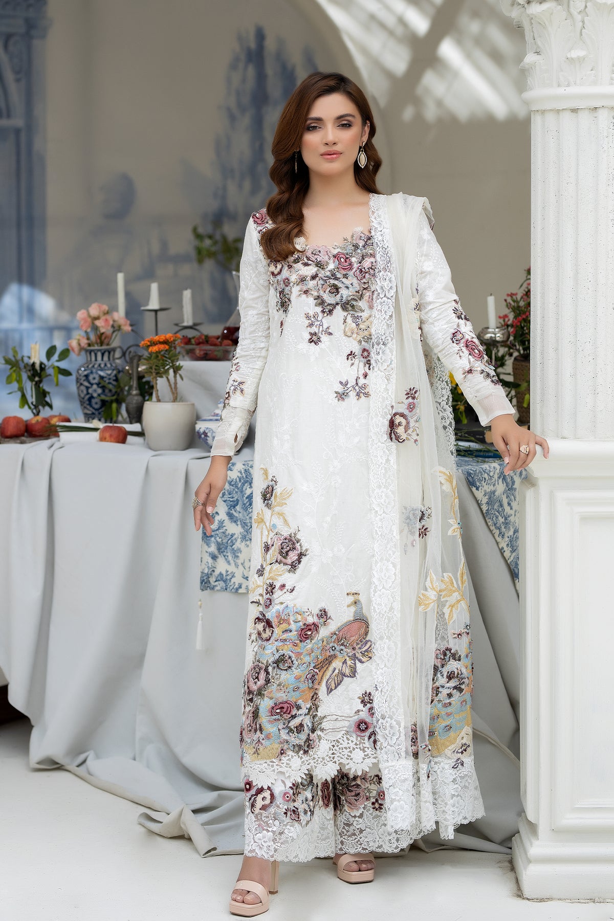 Pakistani Ivory Embroidered Self-Fabric Salwar Kameez (3-Piece) - Image 1