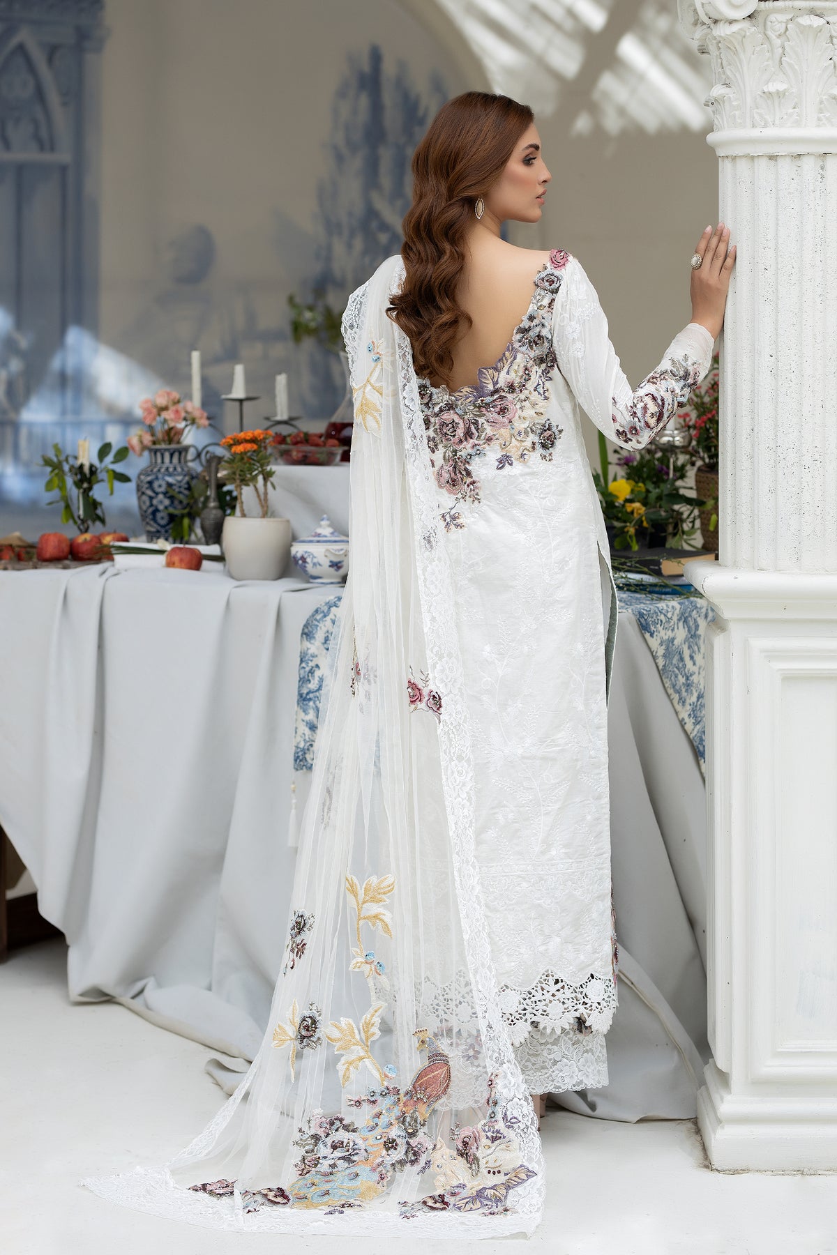 Pakistani Ivory Embroidered Self-Fabric Salwar Kameez (3-Piece) - Image 2