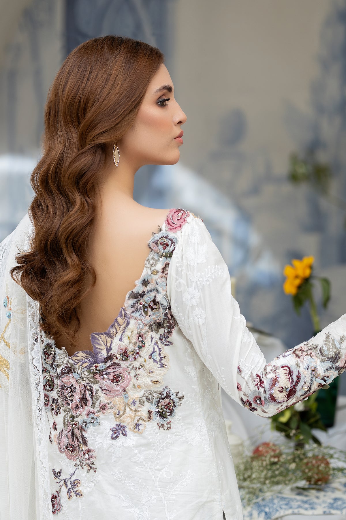 Pakistani Ivory Embroidered Self-Fabric Salwar Kameez (3-Piece) - Image 3