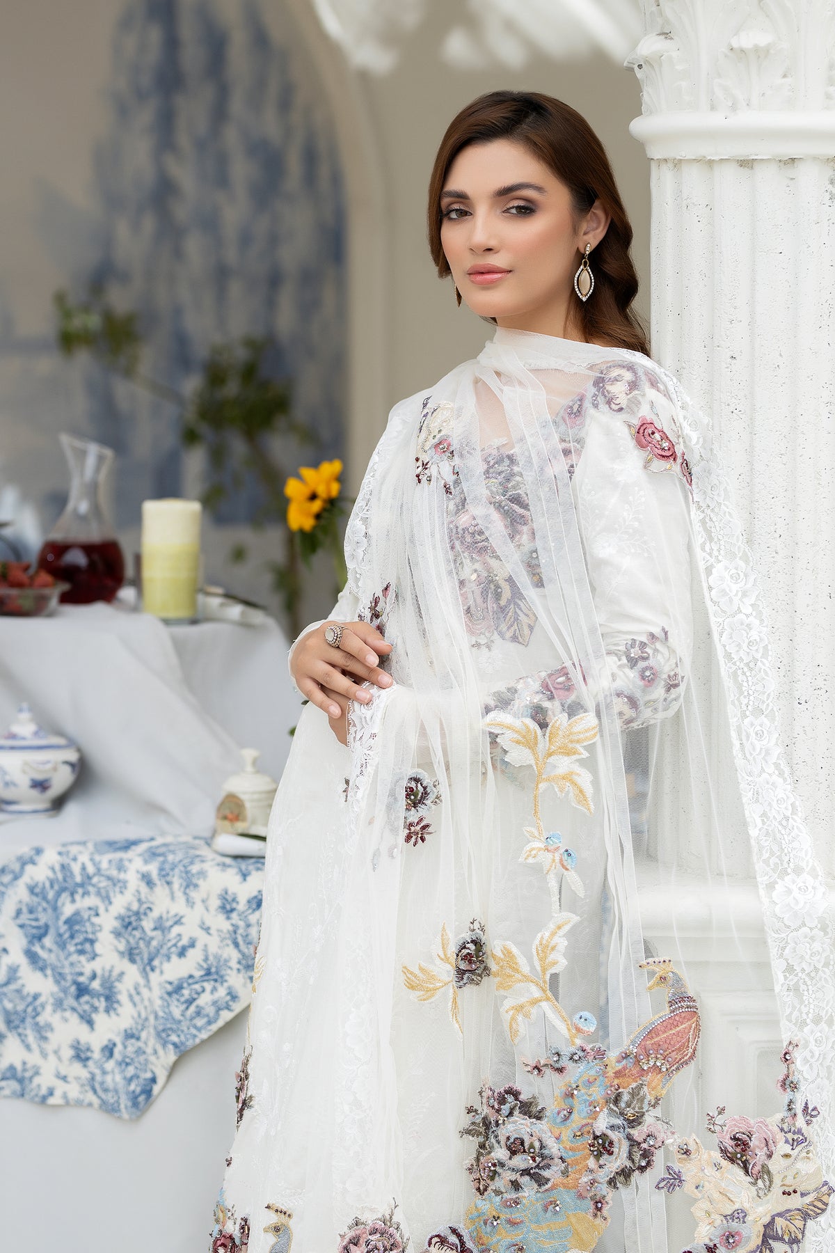 Pakistani Ivory Embroidered Self-Fabric Salwar Kameez (3-Piece) - Image 5