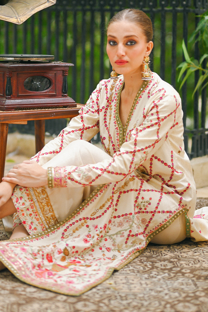Ivory Haath Aari Jamawar & Raw Silk Salwar Kameez (2-Piece) - Image 3