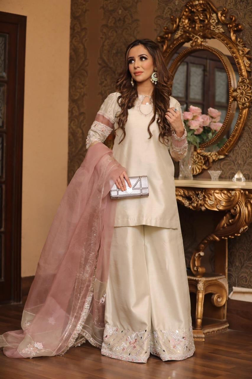 Off-White Beaded Semi-Pure Salwar Kameez (3-Piece) - Image 1