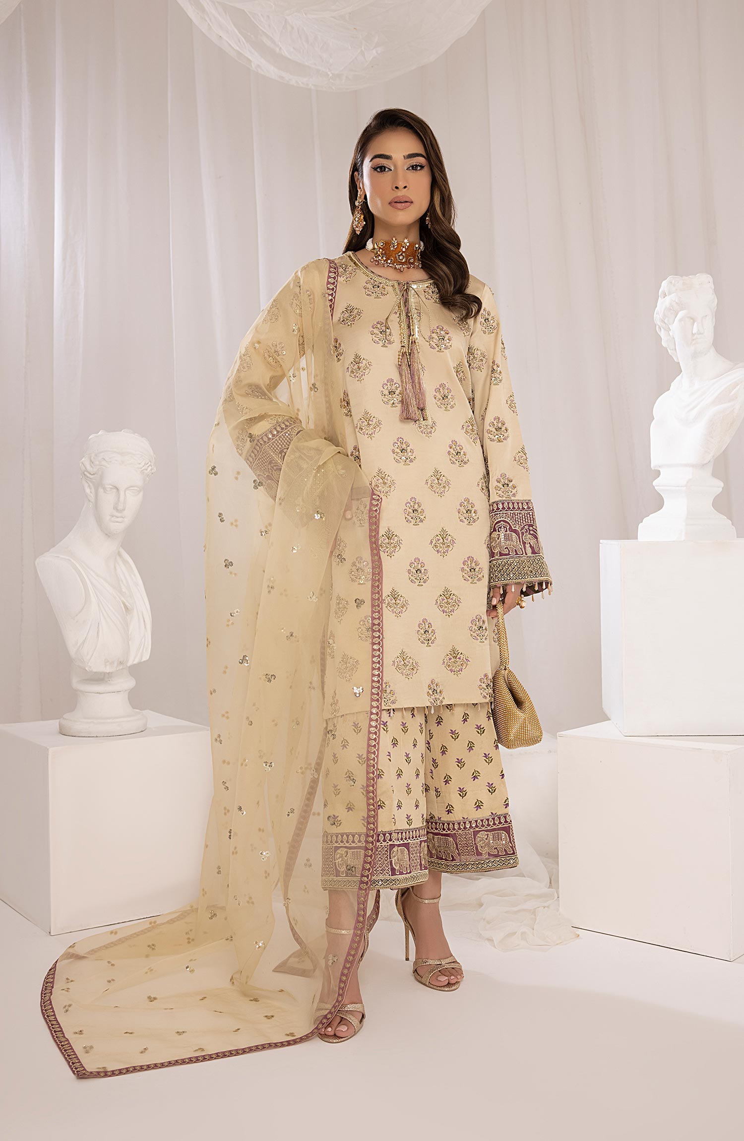 Pakistani Ivory Embroidered Shamoz Silk Salwar Kameez (3-Piece) - Image 1