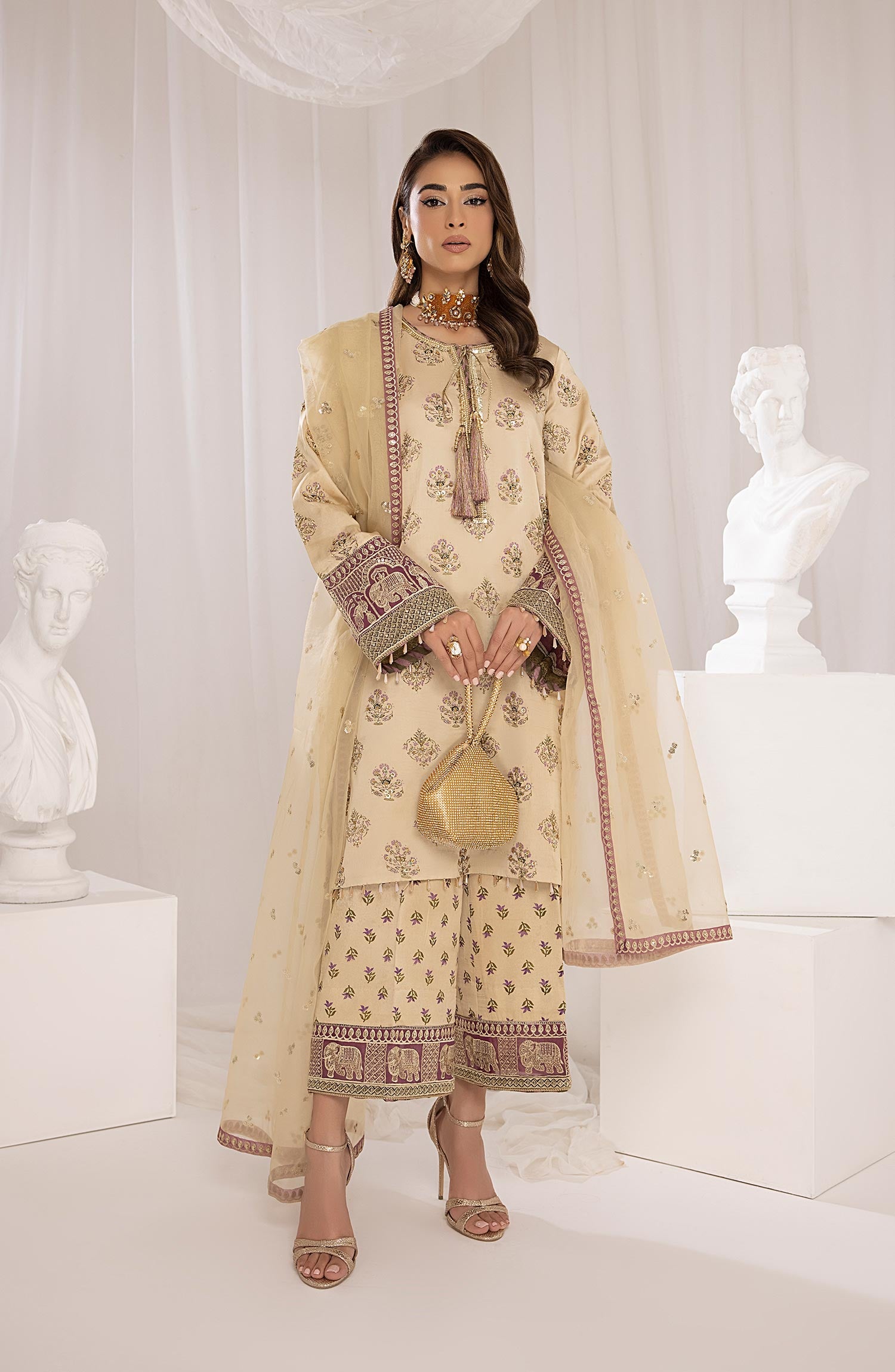 Pakistani Ivory Embroidered Shamoz Silk Salwar Kameez (3-Piece) - Image 2