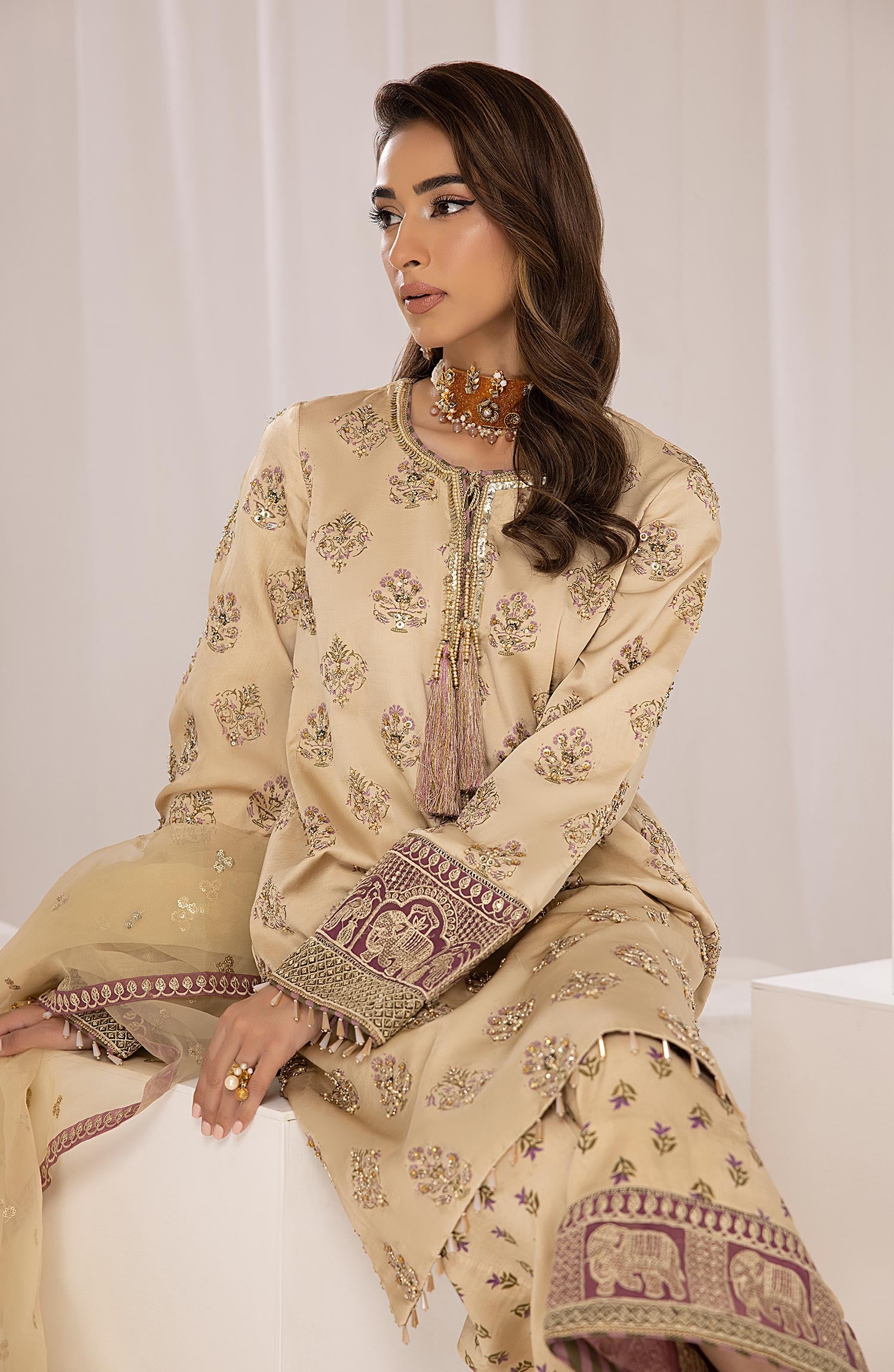 Pakistani Ivory Embroidered Shamoz Silk Salwar Kameez (3-Piece) - Image 3