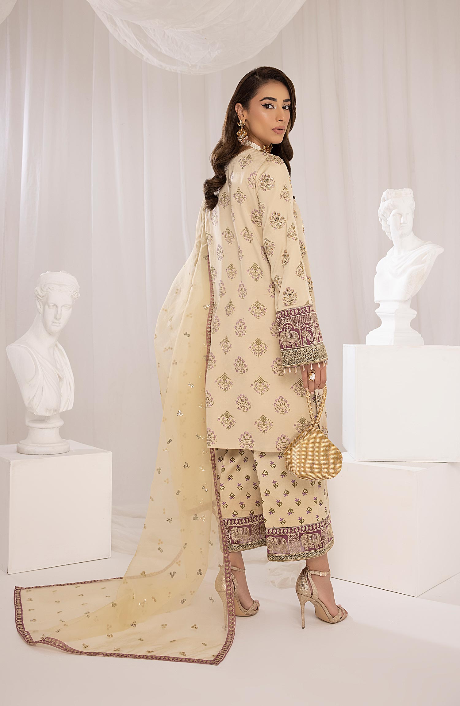 Pakistani Ivory Embroidered Shamoz Silk Salwar Kameez (3-Piece) - Image 4