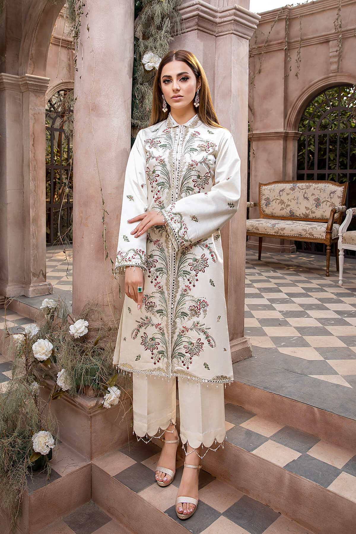 Pakistani Ivory Embroidered Shamoze Silk Shirt & Culottes (2-Piece) - Image 1