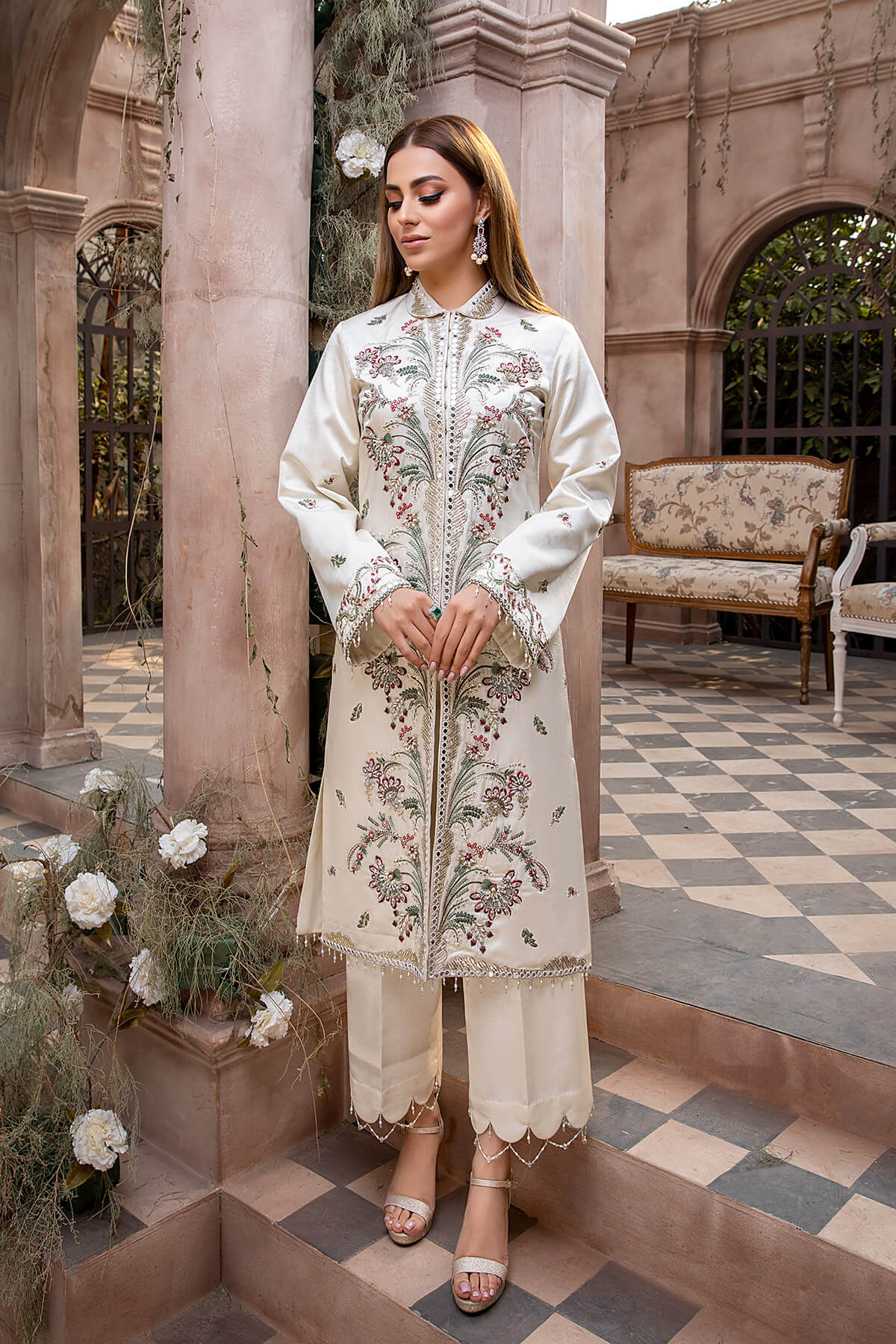 Pakistani Ivory Embroidered Shamoze Silk Shirt & Culottes (2-Piece) - Image 2