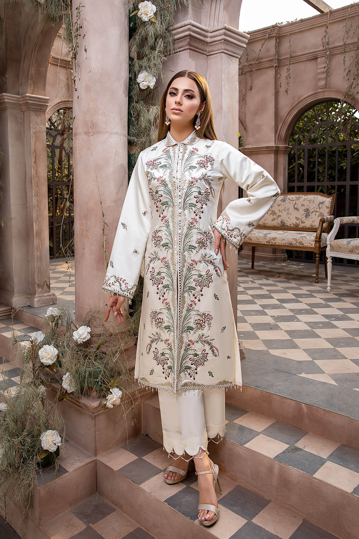 Pakistani Ivory Embroidered Shamoze Silk Shirt & Culottes (2-Piece) - Image 3
