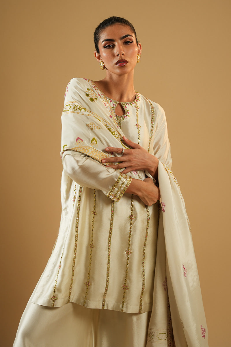 Ivory Embroidered Sheesha Silk Salwar Kameez (3-Piece) - Image 1