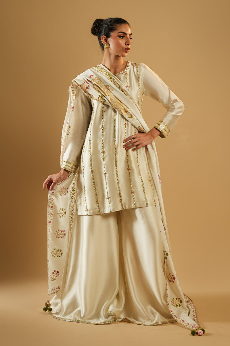 Ivory Embroidered Sheesha Silk Salwar Kameez (3-Piece) - Image 2