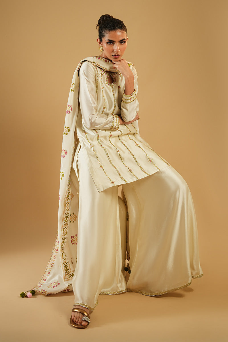 Ivory Embroidered Sheesha Silk Salwar Kameez (3-Piece) - Image 3
