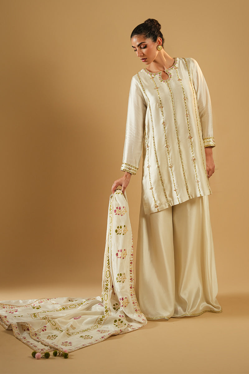 Ivory Embroidered Sheesha Silk Salwar Kameez (3-Piece) - Image 4