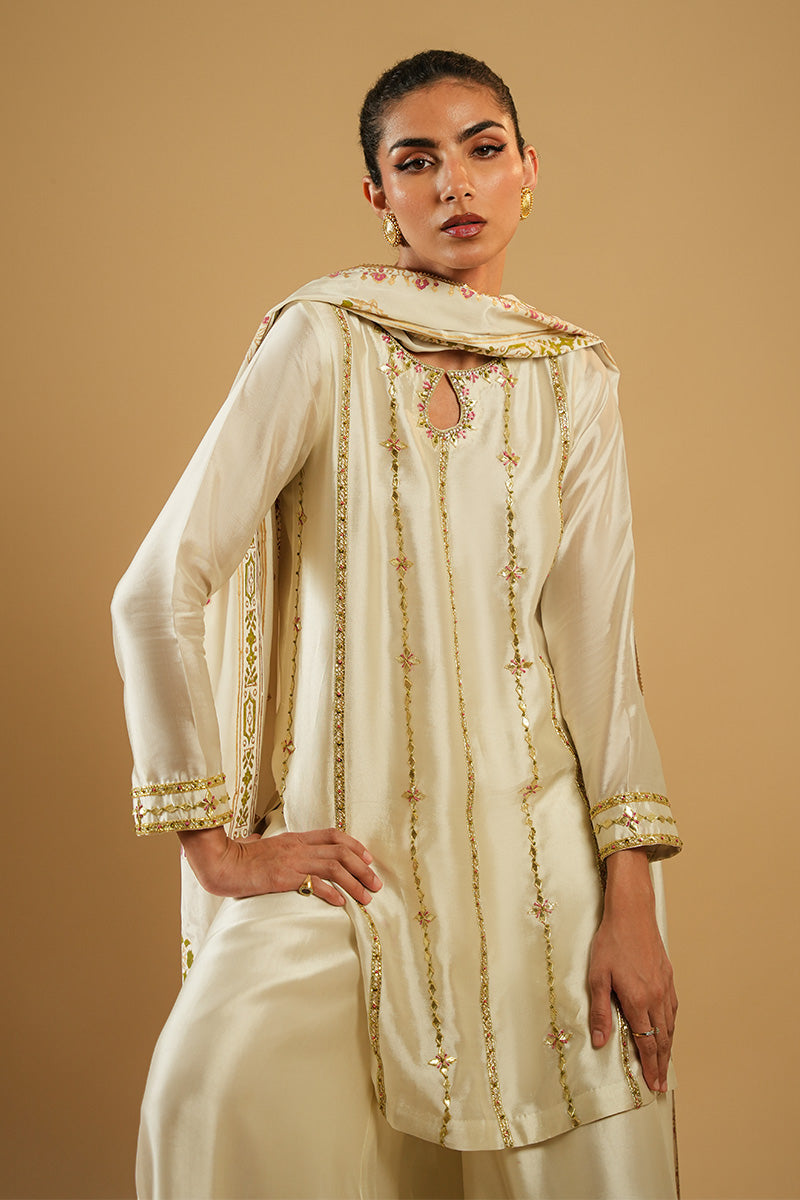 Ivory Embroidered Sheesha Silk Salwar Kameez (3-Piece) - Image 6